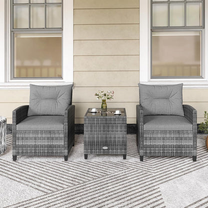 3 Piece Patio Furniture Set, Outdoor PE Rattan Conversation Set with Washable Cushions & Tempered Glass Tabletop, Wicker Chairs and Table Set for Porch, Garden, Balcony (Grey)