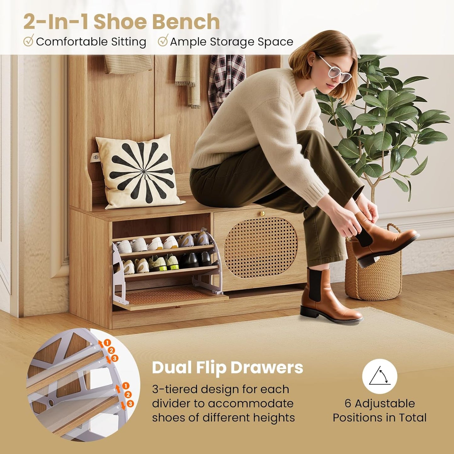 4-In-1 Hall Tree, Entryway Bench with Coat Rack & Flip Drawers, Farmhouse Storage Organizer with 6 Dual-Hook Hangers & PE Rattan Doors, Ideal for Entryway Living Room Mudroom (Natural)