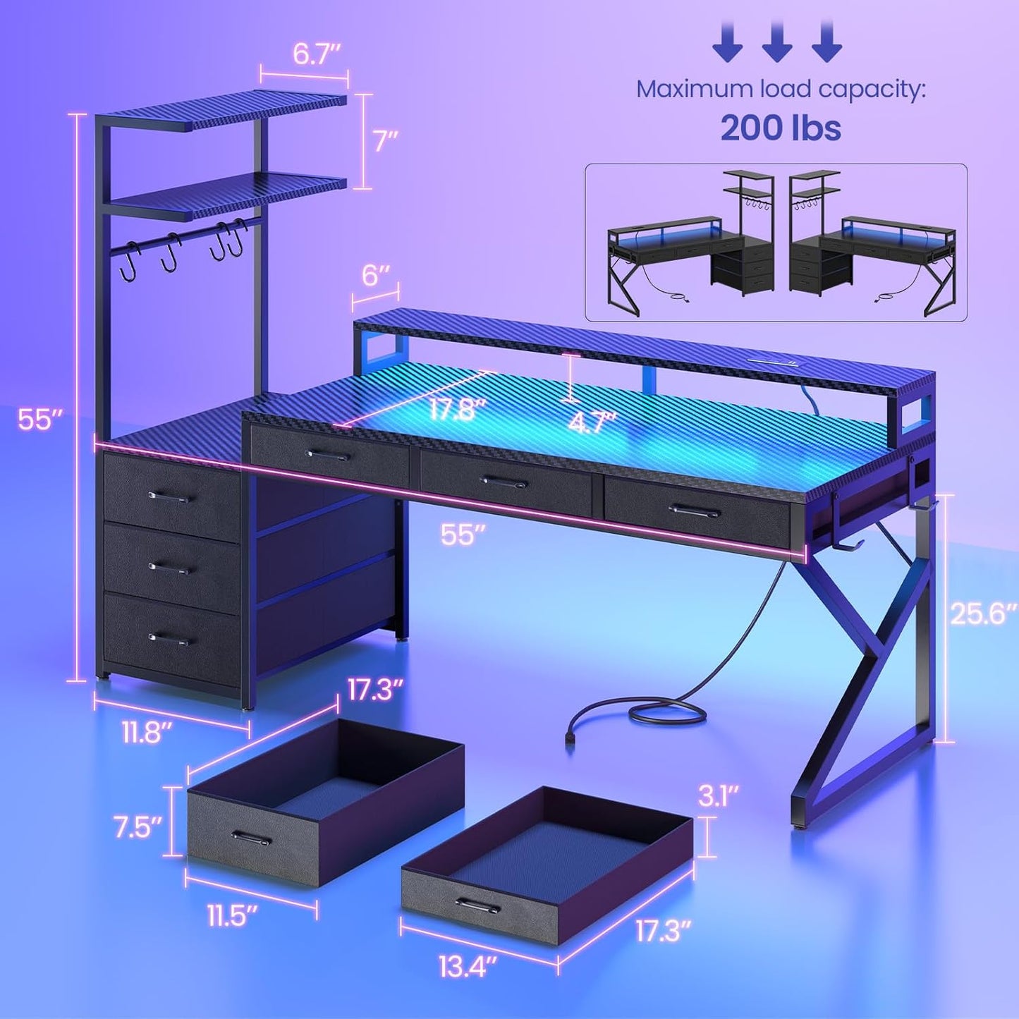55" Gaming Desk with 6 Drawers, Corner Gaming Desk with Storage & LED Lights, Reversible PC Desk with Power Outlet, Corner Computer Desk with Hutch, Monitor Stand, Side Hook, Carbon Fiber Black
