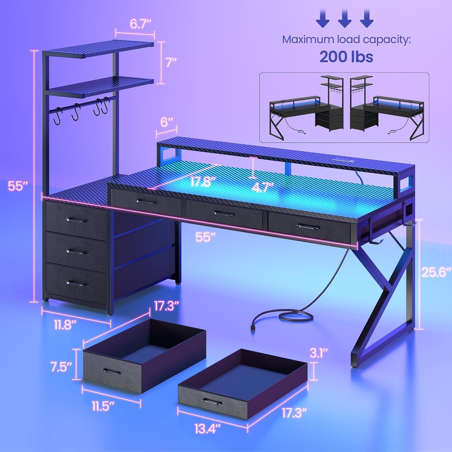 55" Gaming Desk with 6 Drawers, Corner Gaming Desk with Storage & LED Lights, Reversible PC Desk with Power Outlet, Corner Computer Desk with Hutch, Monitor Stand, Side Hook, Carbon Fiber Black