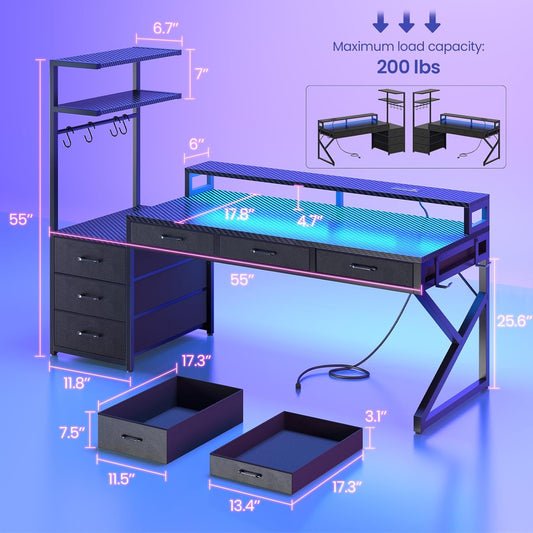 55" Gaming Desk with 6 Drawers, Corner Gaming Desk with Storage & LED Lights, Reversible PC Desk with Power Outlet, Corner Computer Desk with Hutch, Monitor Stand, Side Hook, Carbon Fiber Black