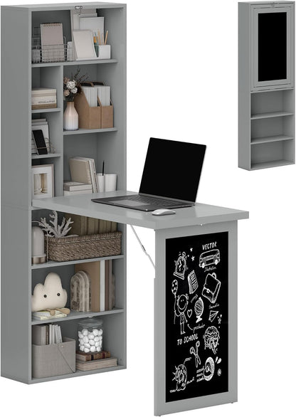 Fold-Out Convertible Writing Table, Computer Desk with Blackboard and Side Shelf Multi-Function Home Office Workstation, Charcoal Gray