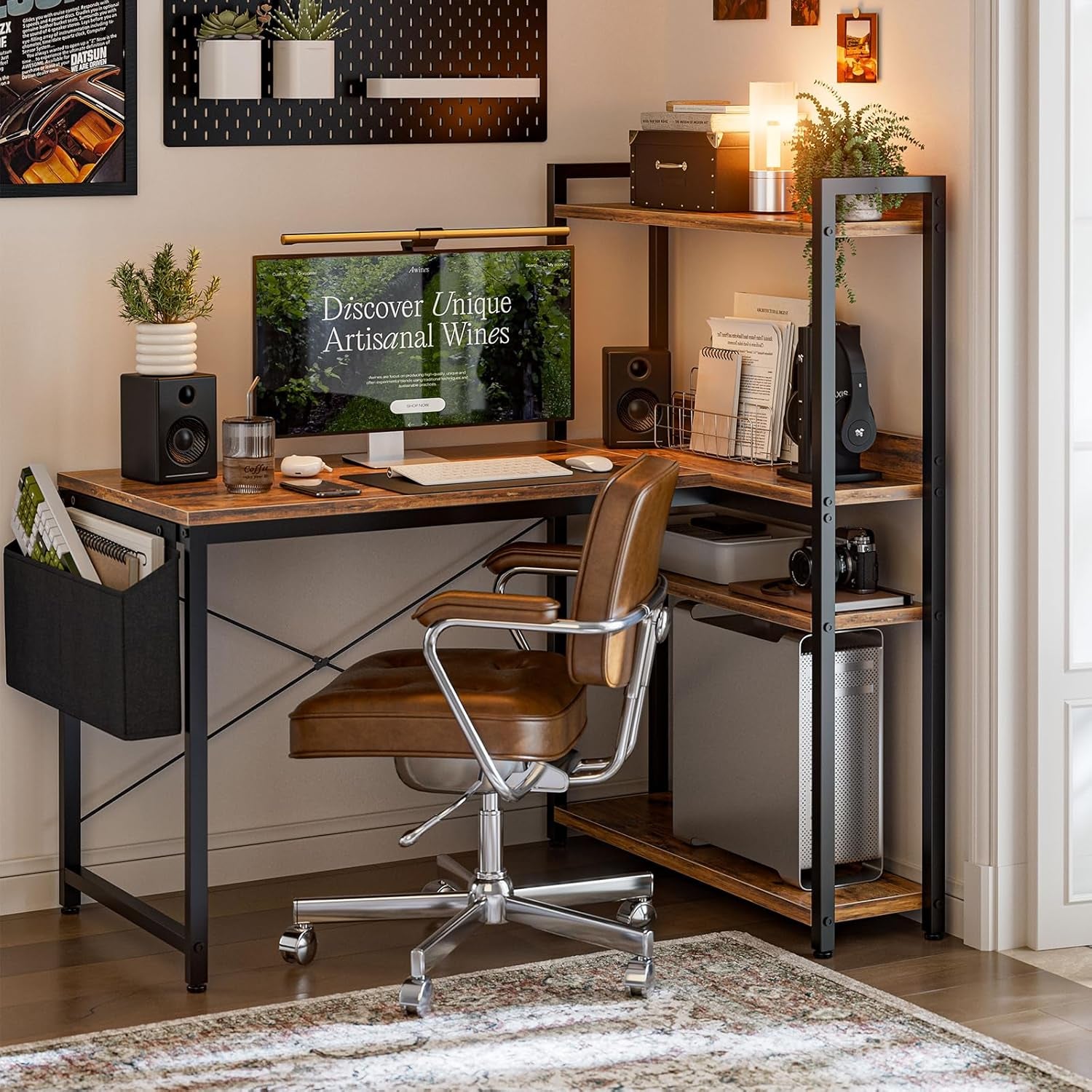 47 Inch L Shaped Computer Desk with Reversible Storage Shelves, Home Office Corner Desk Study Writing Table with Hutch, Study, Rustic Brown