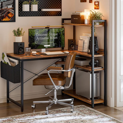 47 Inch L Shaped Computer Desk with Reversible Storage Shelves, Home Office Corner Desk Study Writing Table with Hutch, Study, Rustic Brown