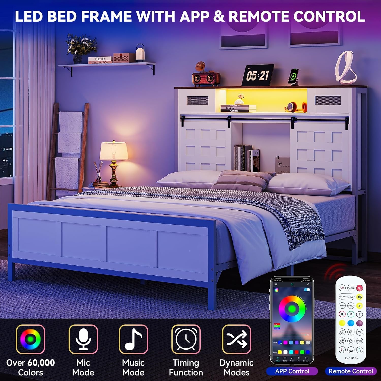 Farmhouse Bed Frame Queen Size, 49.14" Tall Storage Headboard, Led Light & Charging Station, Sliding Barn Door, Wooden Platform Bed Frame, Metal Slats Support, No Box Spring Needed, White