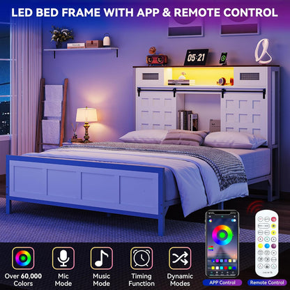 Farmhouse Bed Frame Queen Size, 49.14" Tall Storage Headboard, Led Light & Charging Station, Sliding Barn Door, Wooden Platform Bed Frame, Metal Slats Support, No Box Spring Needed, White