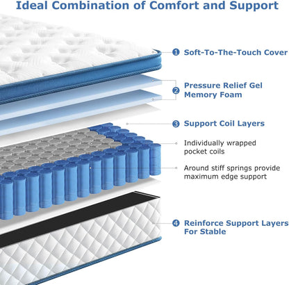 King Size Mattress, 14 Inch Medium Firm Hybrid King Bed Mattresses, Memory Foam Mattress in a Box for Pressure Relief, Individual Pocket Spring-Motion Isolation with Edge Support, Certipur-Us