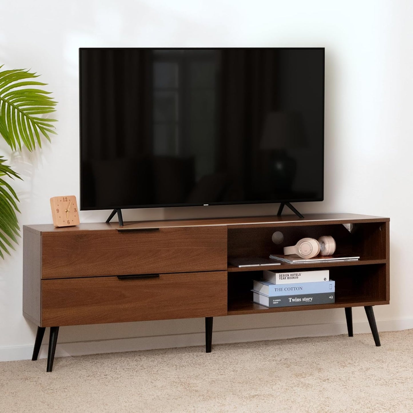 Wood TV Stand for Tvs up to 65", Mid Century TV Stand with Storage, Modern Entertainment Center with 2 Drawers, Accent TV Media Console Table for Living Room, 53"(L), Retro Brown