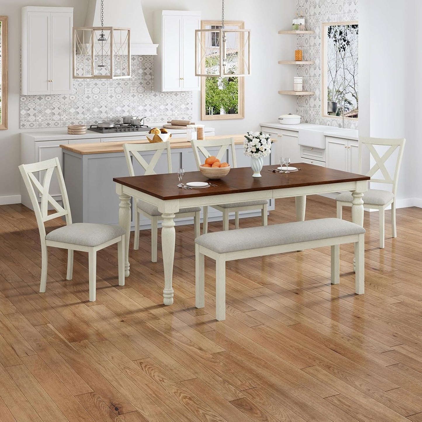 6-Piece Farmhouse Dining Table Set, 71” Solid Wood Table, 4 Upholstered Chairs and Bench, Rustic White and Walnut Finish, Seating for 6, for Kitchen or Dining Room