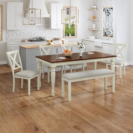 6-Piece Farmhouse Dining Table Set, 71” Solid Wood Table, 4 Upholstered Chairs and Bench, Rustic White and Walnut Finish, Seating for 6, for Kitchen or Dining Room
