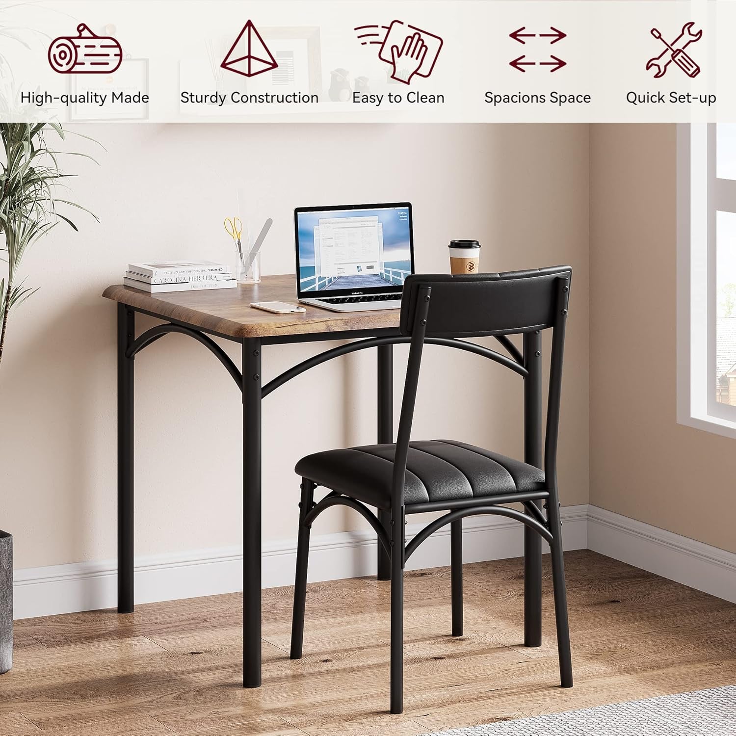 Dining Table Set for 2, Kitchen Table and Chairs for 2 with Upholstered Chairs, 3 Piece Dining Room Table Set, Square Kitchen Table Set for Small Space, Apartment, Studio, Rustic Brown