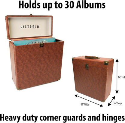 Collector – Record Storage Case – Holds 30+ Vinyl Turntable Records, Heavy-Duty Hardware, Hinges, & Smart Metal Corners, Portable with Easy-Carry Handle (Brown)