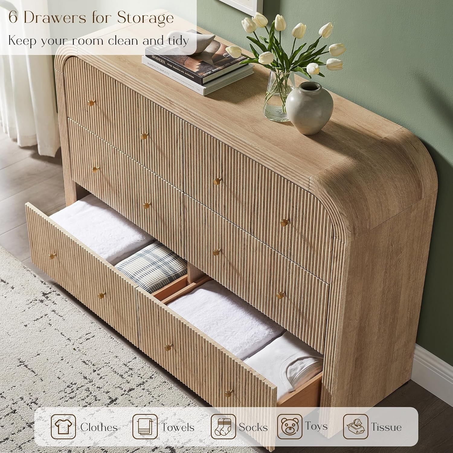 Fluted 6 Drawers Dresser for Bedroom, 54" Wide Modern Chest of Drawers with Thickened Curved Profile Design, Wood Dressers TV Stand for Bedroom, Living Room, Hallway, Natural Oak