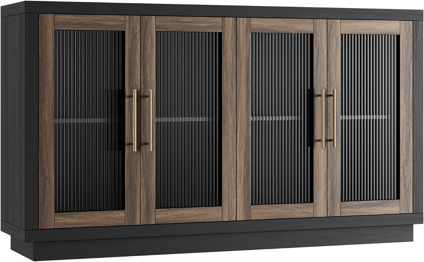 Buffet Cabinet with Storage, 55.1" Large Sideboard Buffet Table, Modern Sideboard Kitchen Cabinet with 4 Fluted Glass Doors, Wood Coffee Ba for Kitchen Dining Room, Black/Brown