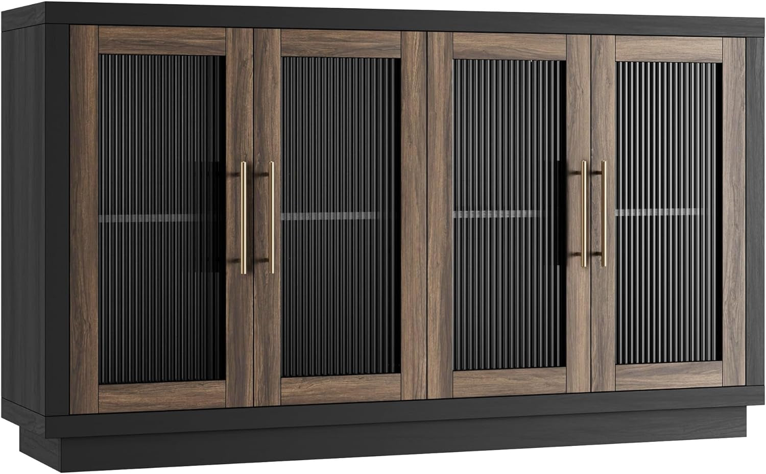 Buffet Cabinet with Storage, 55.1" Large Sideboard Buffet Table, Modern Sideboard Kitchen Cabinet with 4 Fluted Glass Doors, Wood Coffee Ba for Kitchen Dining Room, Black/Brown