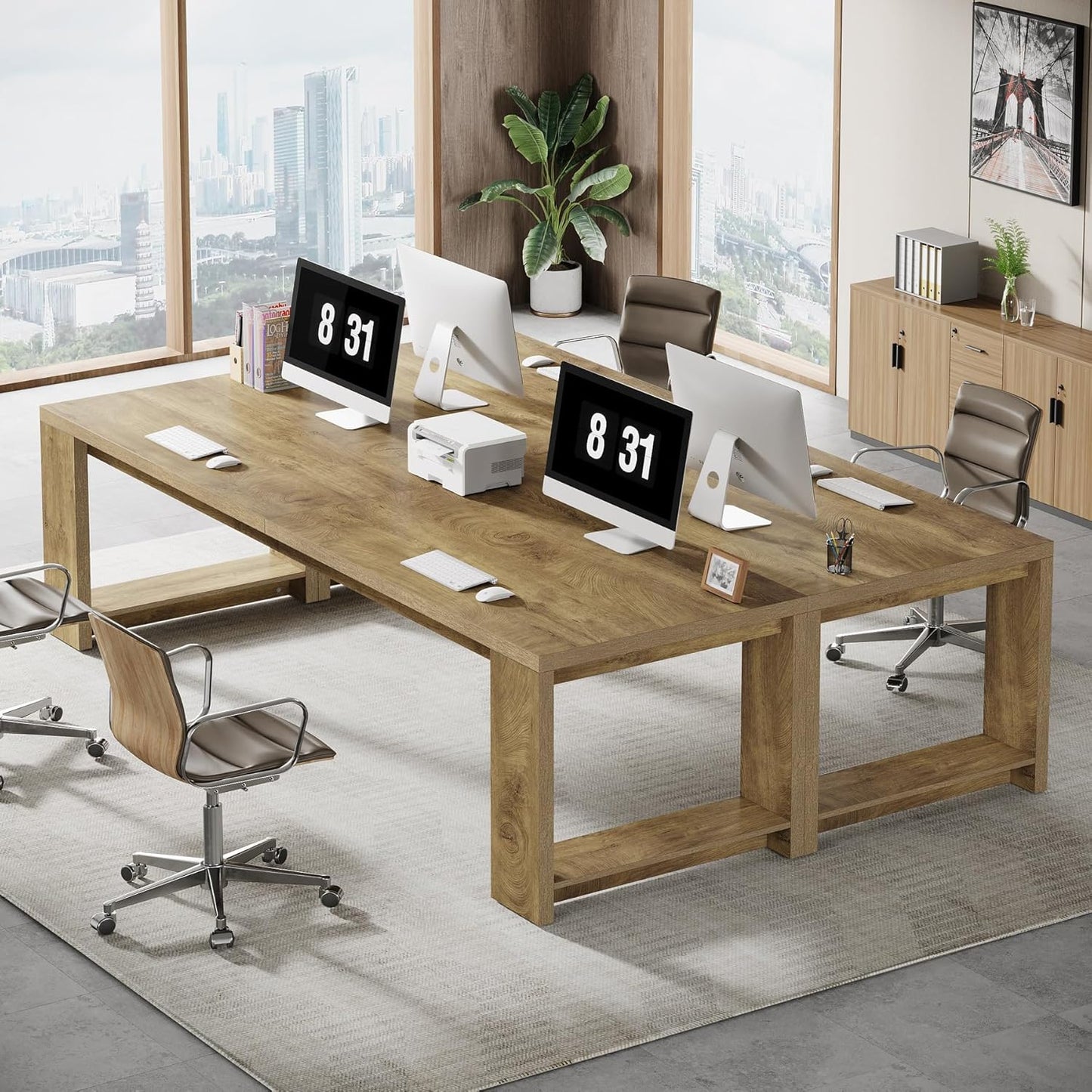 Two Person Desk, 86.6 Inches Extra Long Desk, Double Computer Writing Table, Wood Large Desks Workstation for Home Office, Natural Oak