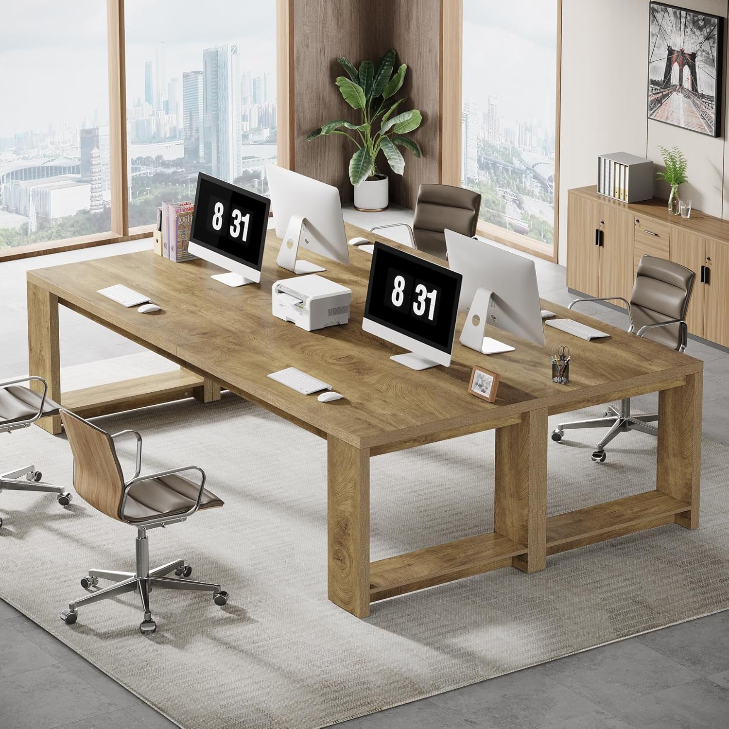 Two Person Desk, 86.6 Inches Extra Long Desk, Double Computer Writing Table, Wood Large Desks Workstation for Home Office, Natural Oak