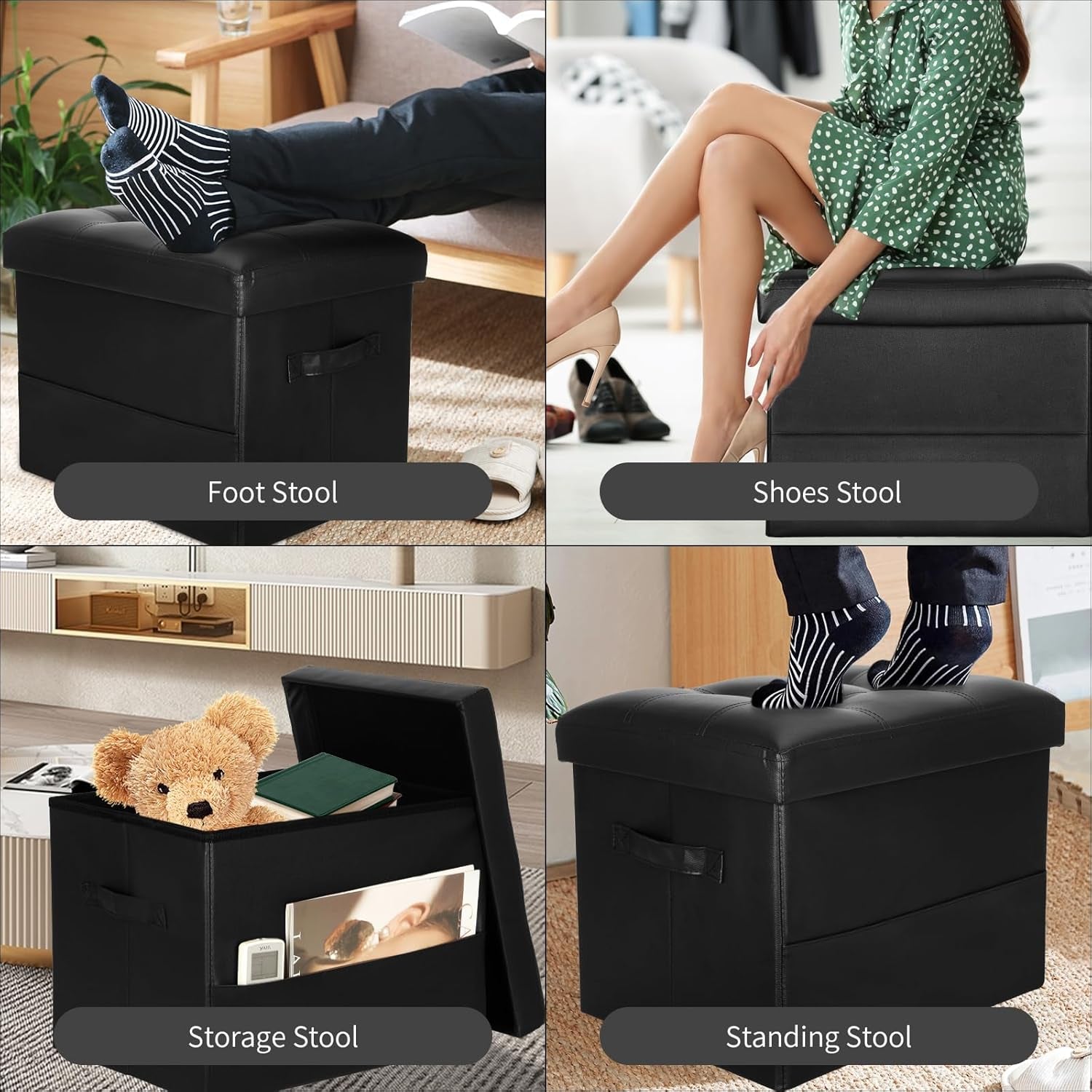 Storage Ottoman Foot Rest Stool with Thicker Foam Padded Seat. Foldable Leather Footstool Bench. Small Ottoman with Storage for Living Room Bedroom Coffee Table 350 Lbs, 17X13X13In, Black.