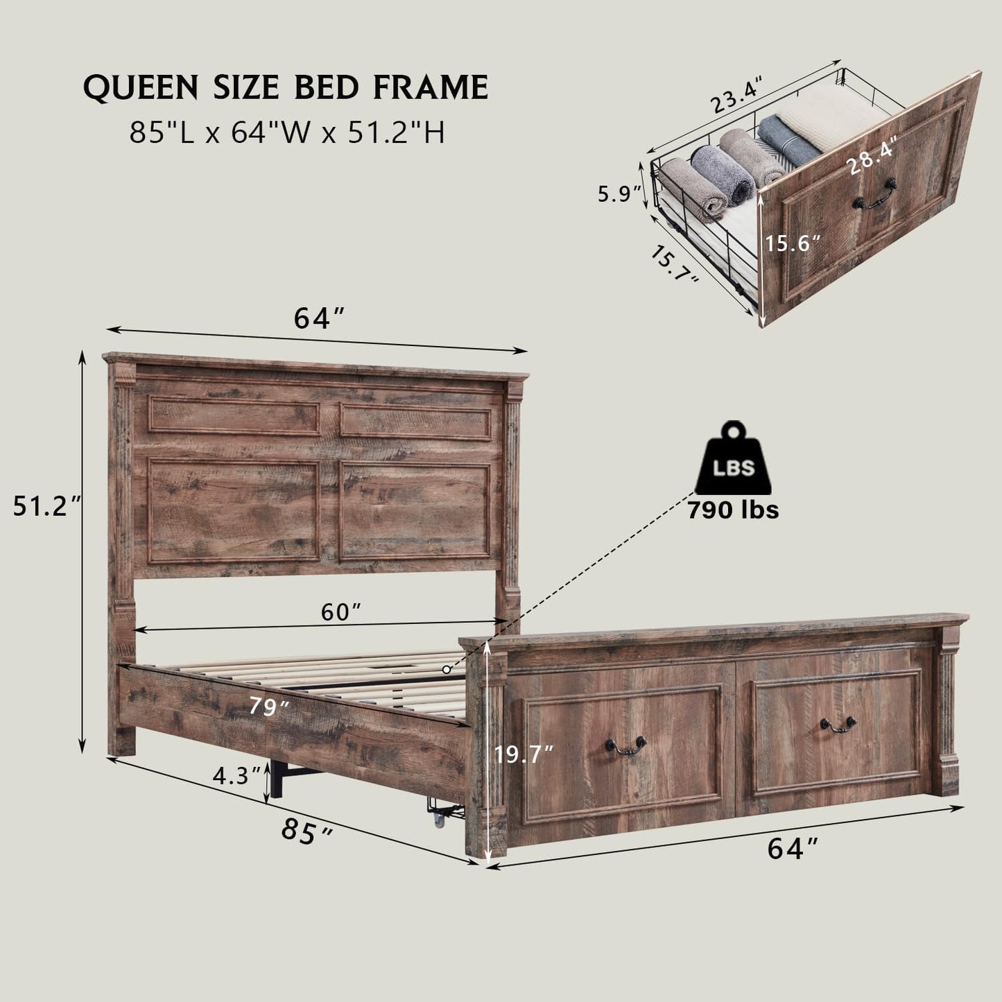Farmhouse Queen Size Bed Frame with 51" Tall Headboard, Wood Platform Bed Frame with 20" Tall Roman Column Decoration Footboard & 2 Large Storage Drawers, No Box Spring Needed (Light Brown)