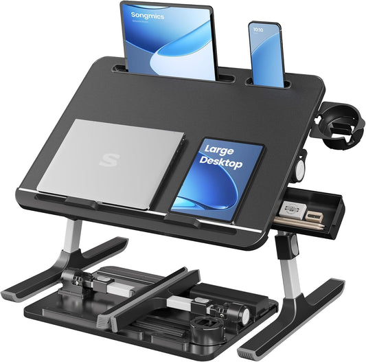 Bed Laptop Desk, Foldable Bed Desk for Laptop, 15.7 X 22 Inches Large Desktop, 120° Stepless Tilt, Adjustable Height, Cup Holder, Tray, Portable Bed Sofa Table, Ink Black ULLD113BC01