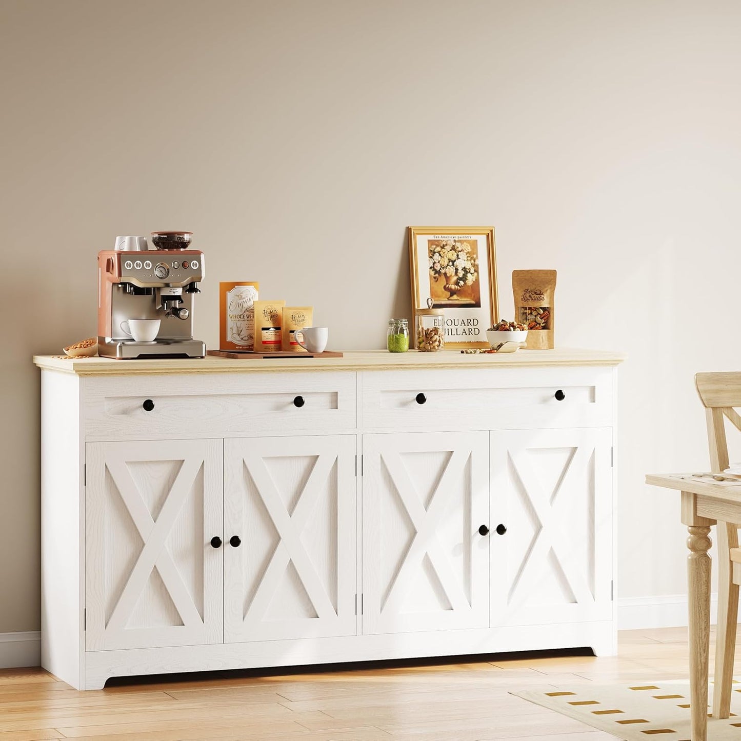 Buffet Cabinet with Storage, Sideboard Storage Cabinet, Kitchen Cabinet with Drawers and Doors, Natural Wood