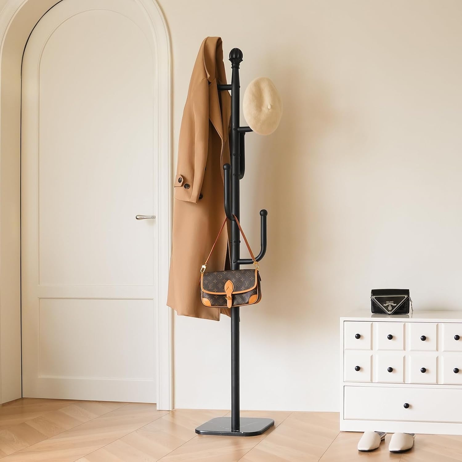Coat Rack Freestanding with Natural Marble Base - Cactus Coat Tree with 6 L-Shaped Hooks, Heavy Duty Coat Hanger Stand, Metal Coat Rack Stand for Entryway, Hall Tree for Jacket/Hat/Clothes/Bag