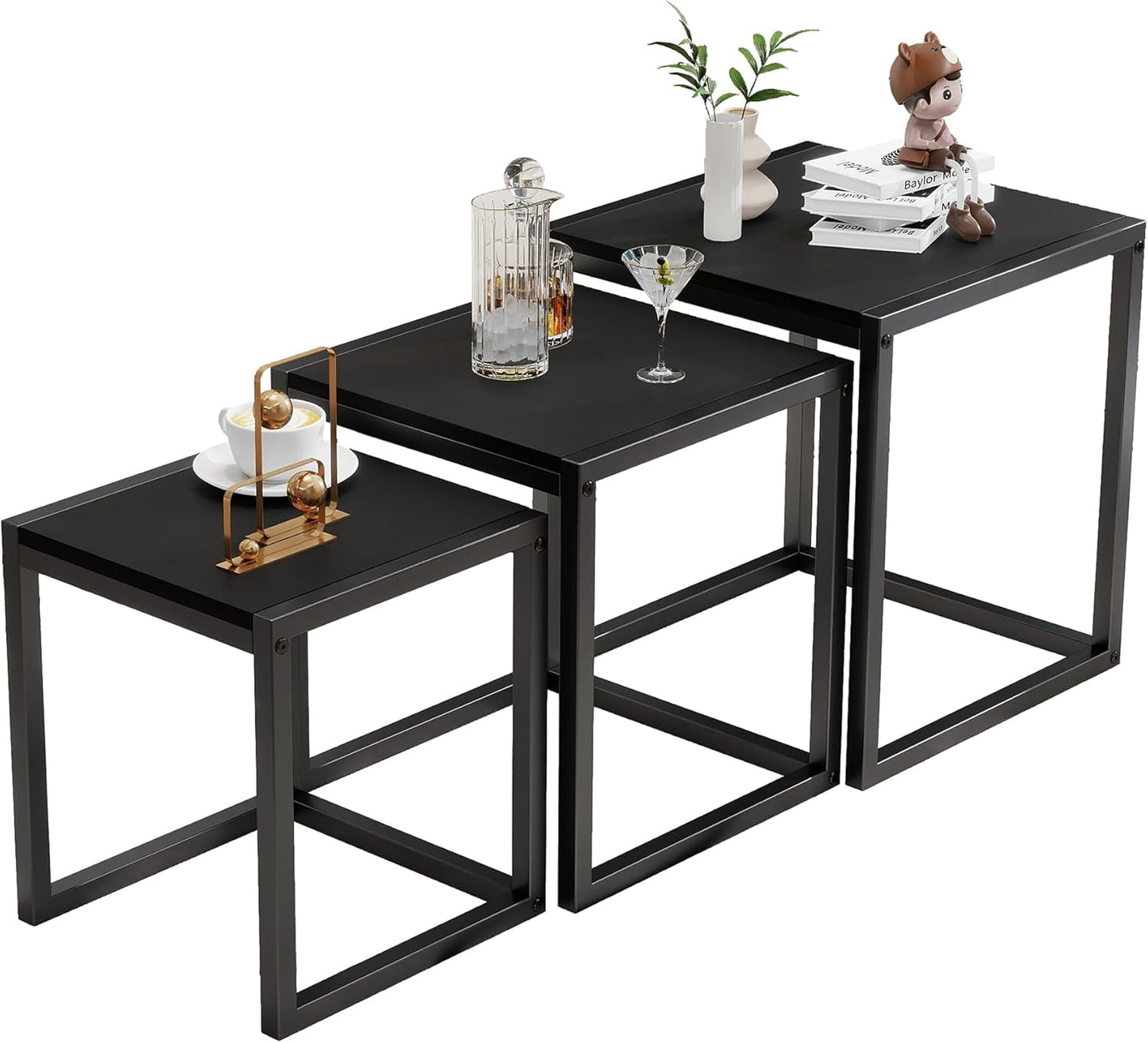 Nesting Table Set of 3 Side Tables, Modern Coffee Table Stacking End Table with Metal Frame，Black