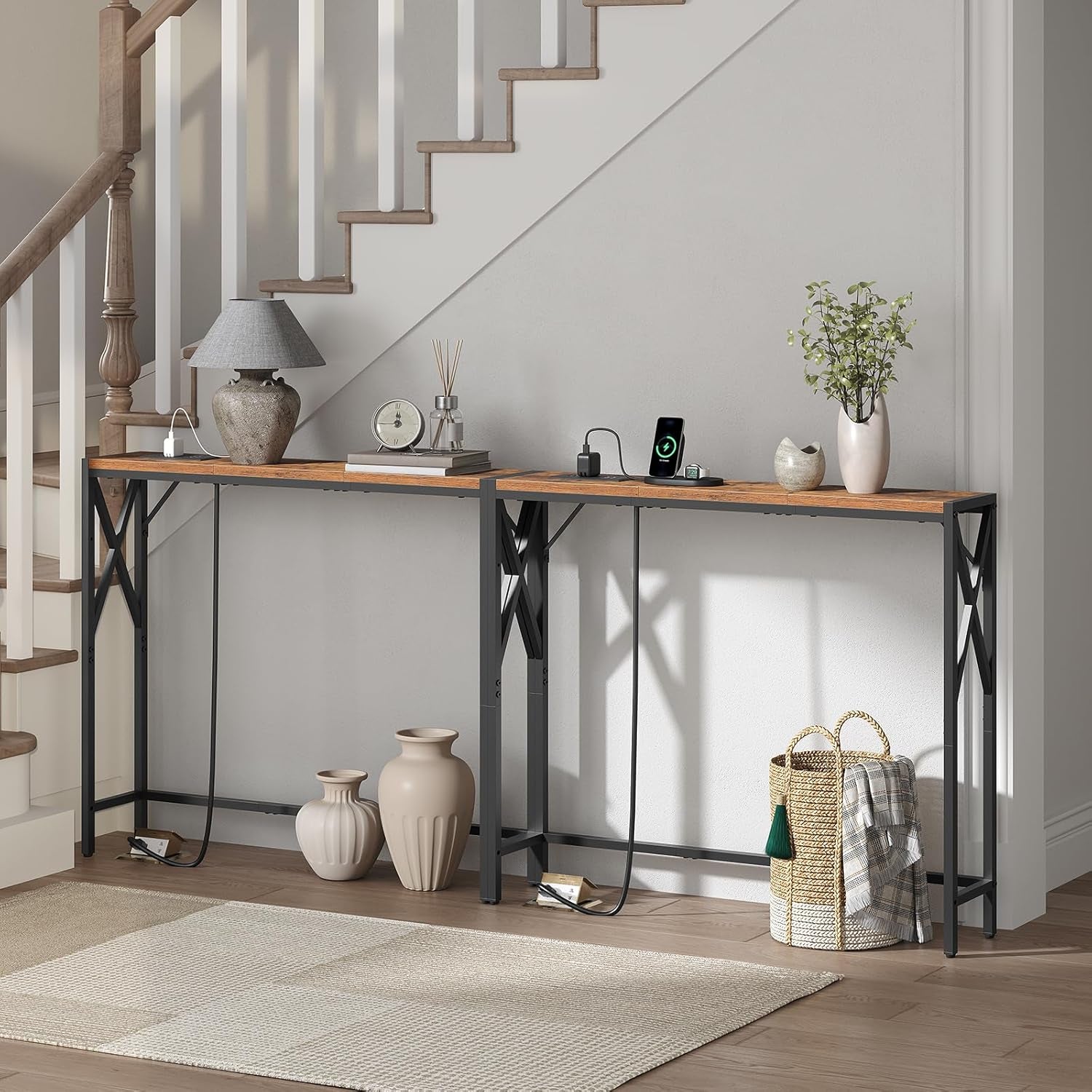 70.8'' Narrow Sofa Table with Charging Station, 2 Pack Skinny Console Table, Long Entryway Hallway Couch Table with Power Outlets, Rustic Brown CTHR152E01S2
