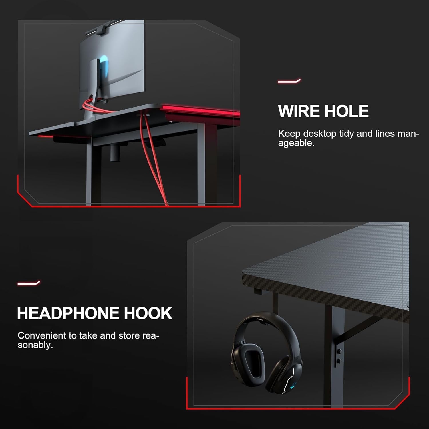 Gaming Desk 55 Inch with LED Lights, Large Computer Desk with Mouse Pad for Home Office, T-Shaped Carbon Fibre Surface PC Game Workstations with Headphone Hook