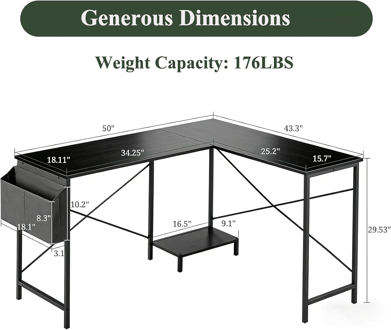 L Shaped Desk, 50 Inch Reversible Computer Desk Corner Gaming Table with CPU Stand & Storage Bag, Sturdy Metal Frame PC Workstation for Home Office