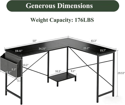 L Shaped Desk, 50 Inch Reversible Computer Desk Corner Gaming Table with CPU Stand & Storage Bag, Sturdy Metal Frame PC Workstation for Home Office