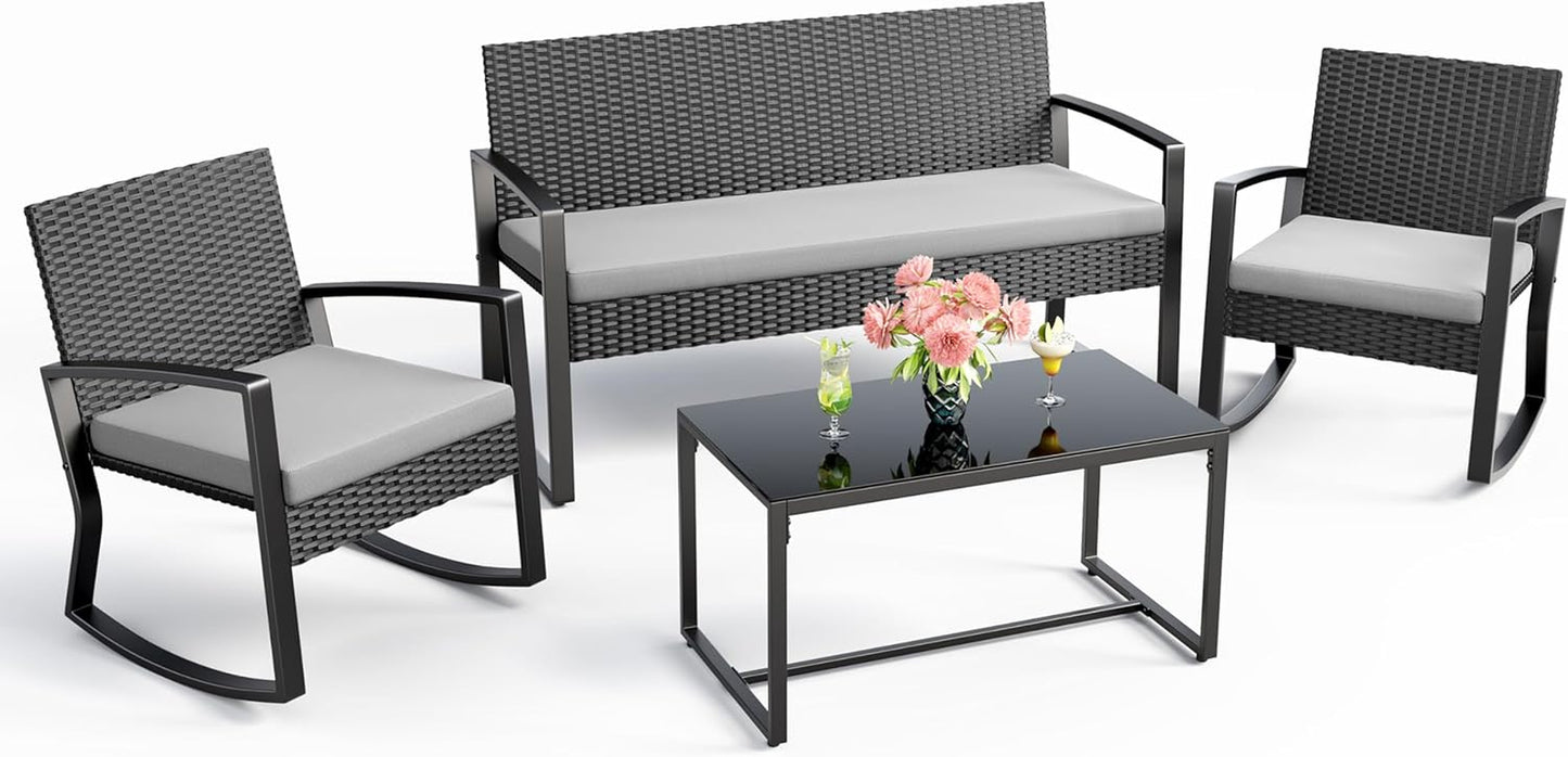 4 Piece Outdoor Patio Furniture Set, Wicker Patio Furniture with Glass Coffee Table, Rocking Wicker Bistro Set, for Backyard, Poolside, Porch (Grey)