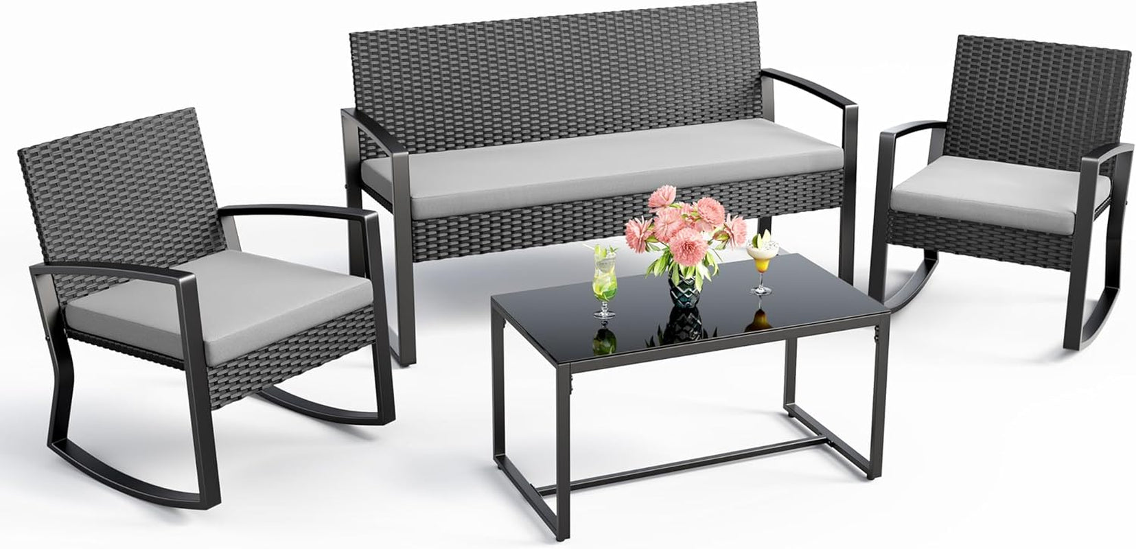 4 Piece Outdoor Patio Furniture Set, Wicker Patio Furniture with Glass Coffee Table, Rocking Wicker Bistro Set, for Backyard, Poolside, Porch (Grey)