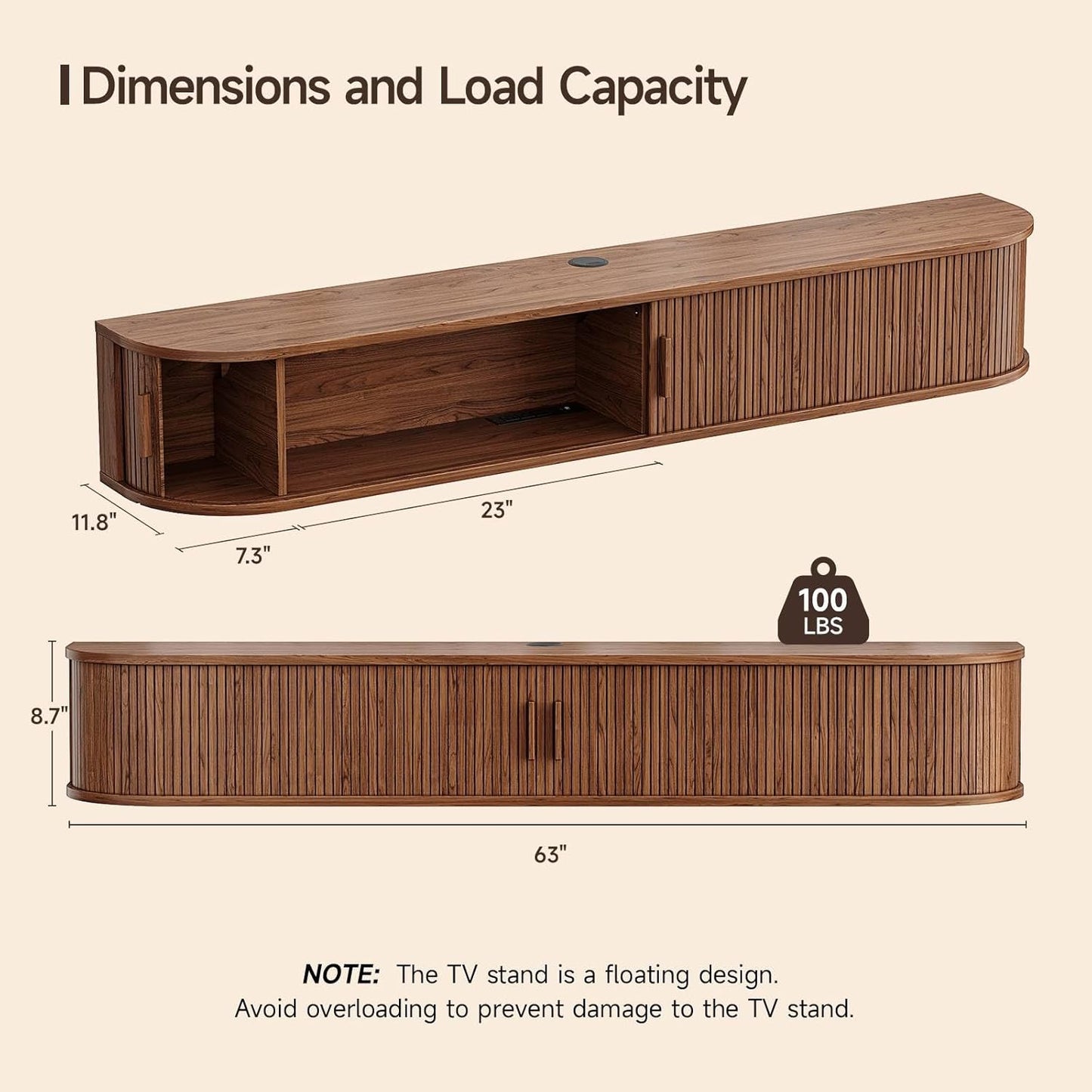 63" Floating TV Stand with Power Outlet for Tvs up to 75", Fluted Entertainment Center with Remote Control for LED Lights, Mid-Century Modern TV Console W/Sliding Door for Living Room, Bedroom Walnut