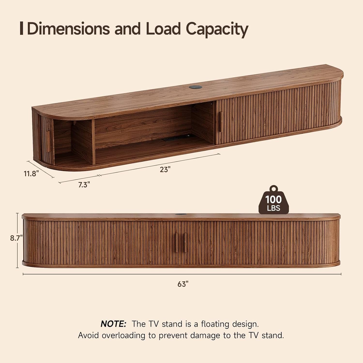 63" Floating TV Stand with Power Outlet for Tvs up to 75", Fluted Entertainment Center with Remote Control for LED Lights, Mid-Century Modern TV Console W/Sliding Door for Living Room, Bedroom Walnut