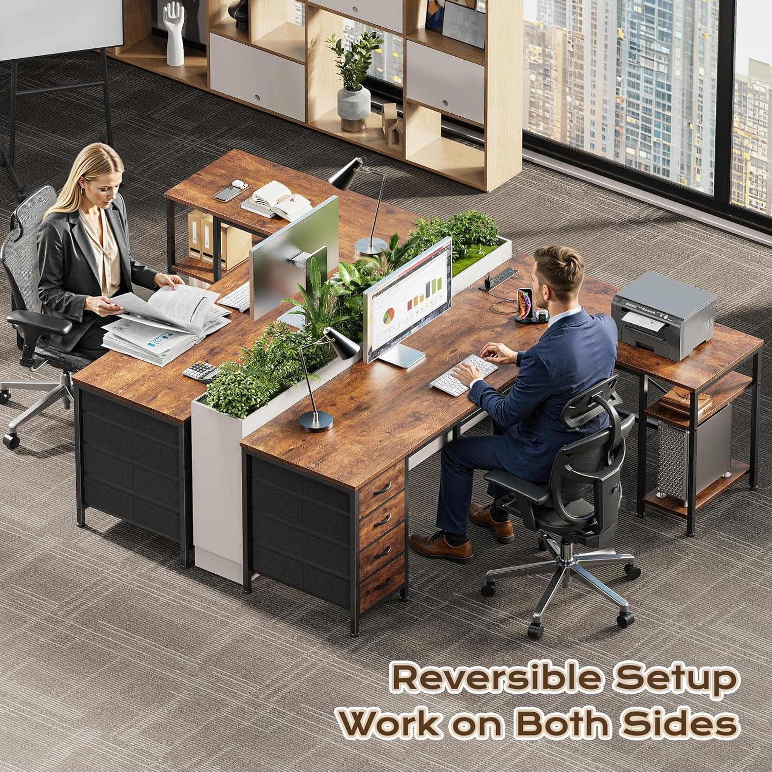55 Inch L Shaped Desk with Fabric Drawers, Reversible Computer Gaming Desk with Power Outlets and USB-C Port, Adjustable Side Storage Shelves, for Work Study Corner Home Office, Rustic Brown