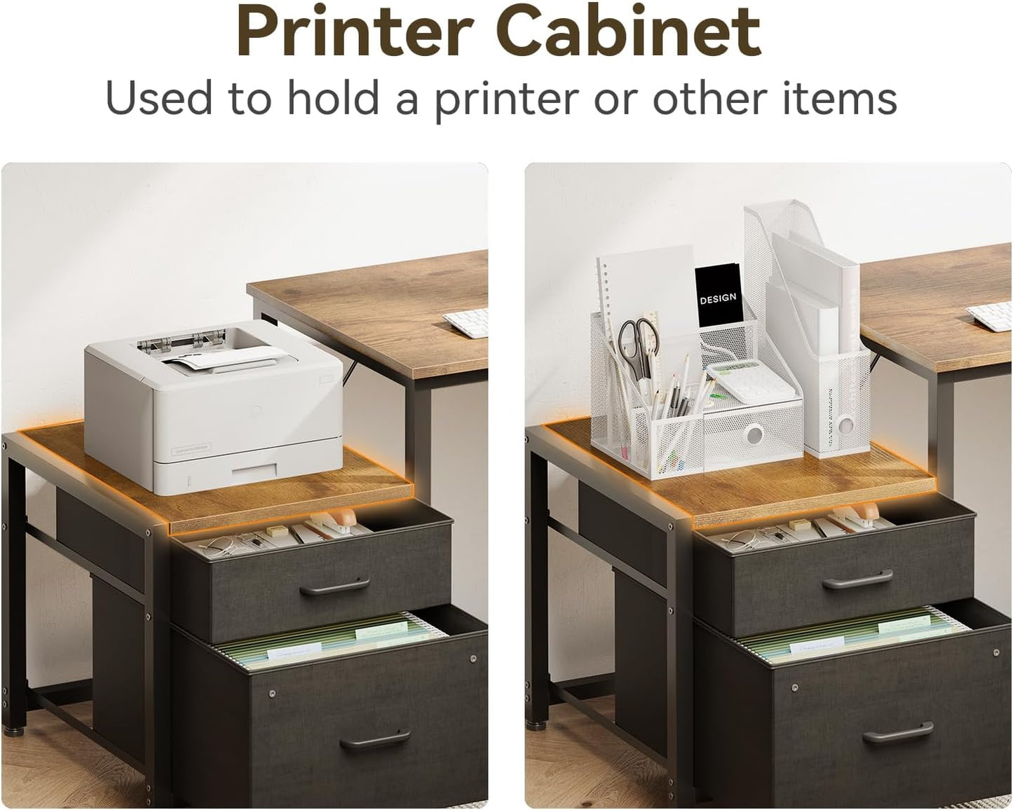 L Shaped Desk with Drawers & File Cabinet, Reversible Computer Desk with Storage Shelves & CPU Stand, Corner Desk with Power Outlets, L Desk for Home Office, Rustic Brown