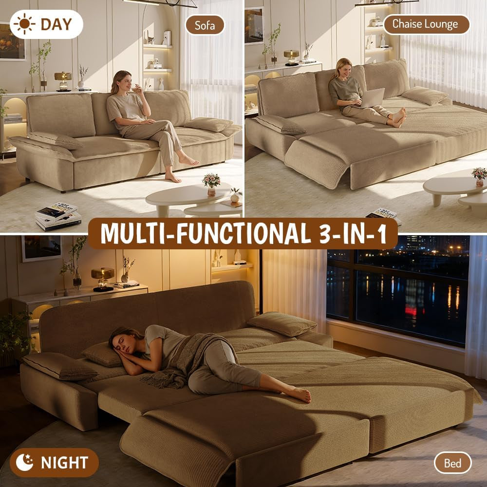 94.5" Pull Out Couch King Size, Futon Sofa Bed, 3-In-1 Convertible Sleeper Sofa Bed with Cushion Armrest, Modern Corduroy Loveseat Couches for Living Room, Small Space, Apartment, Camel