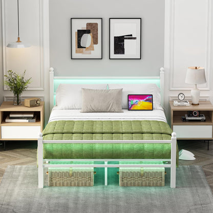 Full Size Bed Frame with Charging Station & LED Lights, Full Metal Platform Bed Frame with Headboard and Footboard, Storage Space under Bed, No Box Spring Needed, Noise Free, Easy Assembly, White