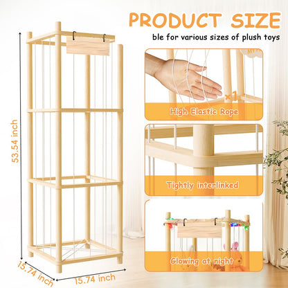 Stuffed Animal Storage Zoo Organizer Wooden Toy Holder with Elastic Bands & Mesh Net Space Saving Vertical Design for Playroom Nursery Kids Bedroom