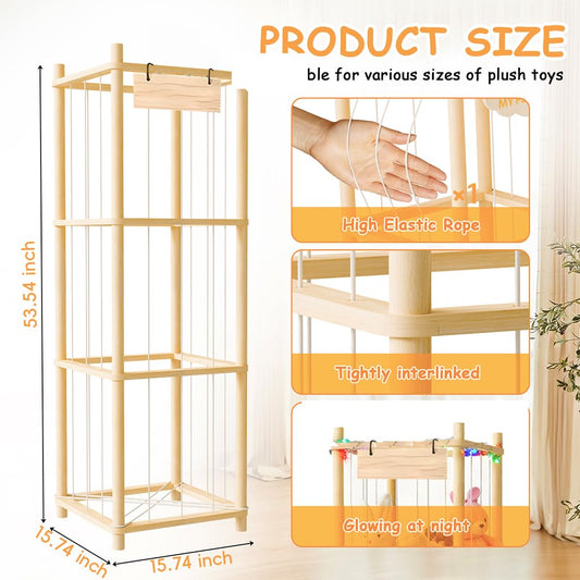 Stuffed Animal Storage Zoo Organizer Wooden Toy Holder with Elastic Bands & Mesh Net Space Saving Vertical Design for Playroom Nursery Kids Bedroom