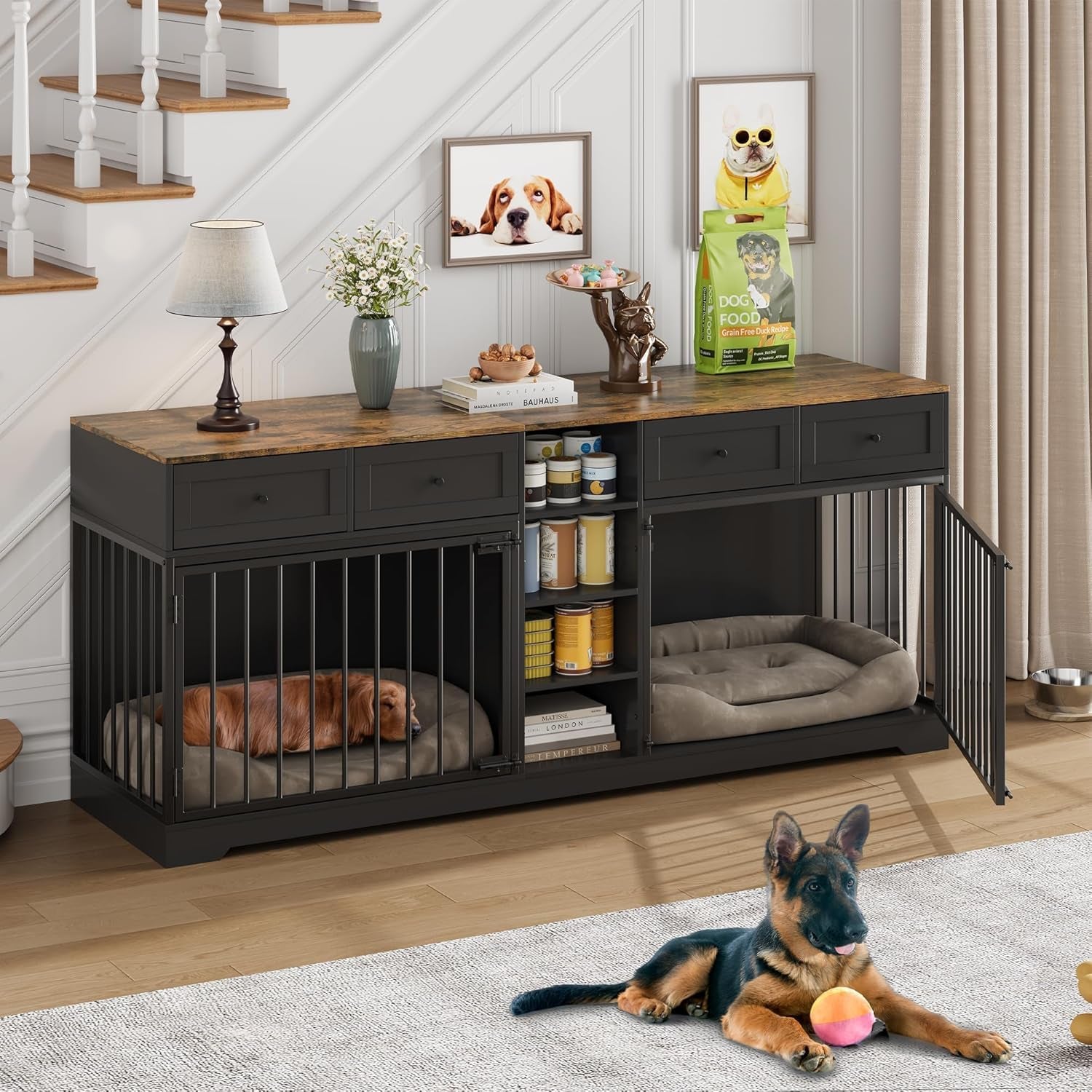 82" Large Dog Crate Furniture for 2 Dogs, Double Dog Crate with 4 Drawers and 4 Shelves, Wooden Dogs Kennel Furniture Large Breed, Indoor Pet Cage TV Stand with Divider, Black