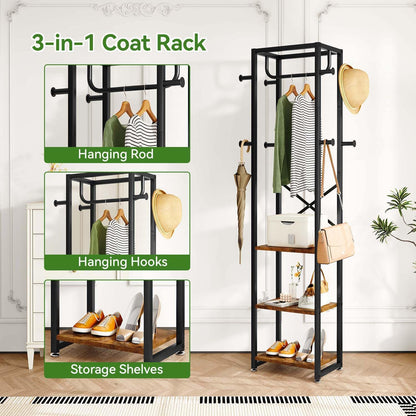 Coat Rack with Shelves, Freestanding Hall Tree with 3 Shelves and 8 Hooks, Industrial Clothes Stand for Entryway, Hallway, Bedroom, Rustic Brown UTMJ088H