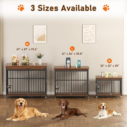 Dog Crate Furniture, 32’’ Wooden Dog Kennel Indoor with Sliding Front Door, Multi-Side Openings & Feeding Window Pet Cage House as TV Stand, End Table for Medium Dogs