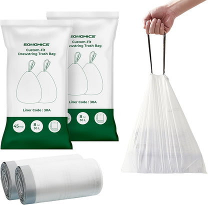 Trash Bags for 8-Gallon (30 L) Trash Cans, Drawstring Kitchen Garbage Bags, Pre-Separated, Liner Code 30A, 2 Rolls, 90 Count, White UKRB30A02