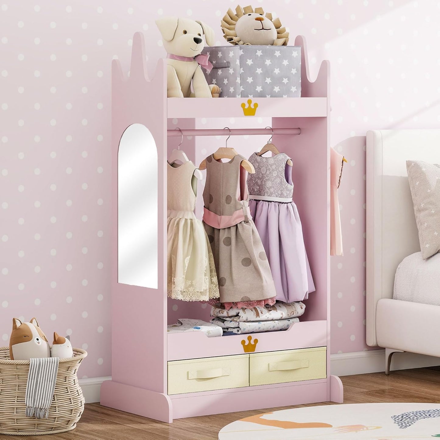 Kids Dress up Storage with Mirror, Kids Open Hanging Armoire & Costume Storage Dresser, Costumes Wardrobe Closet for Bedroom, Nursery, Preschool, Pink