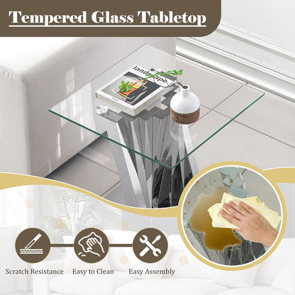 Silver 3 Piece Living Room Table Set with 1 Glass Coffee Table & 2 End Table, 3 Piece Coffee Table Set with Tempered Glass Tabletop and Stainless Steel Pedestal, Easy to Assemble