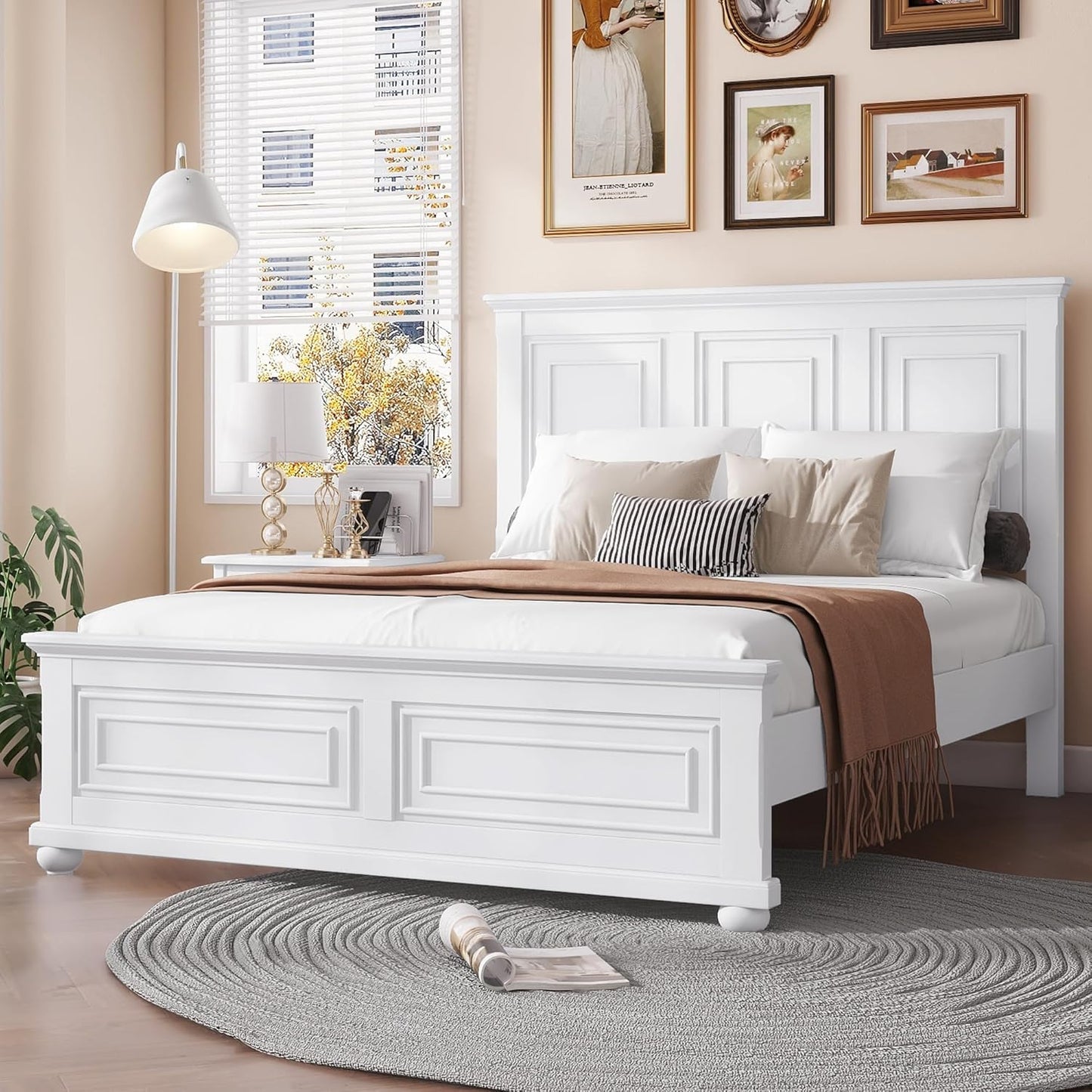 Farmhouse Queen Bed Frame with Tall Headboard and Footboard, Pinewood Panel Bed Frame Queen with under Bed Storage, Noise-Free, No Box Spring Needed, Traditional Style, White