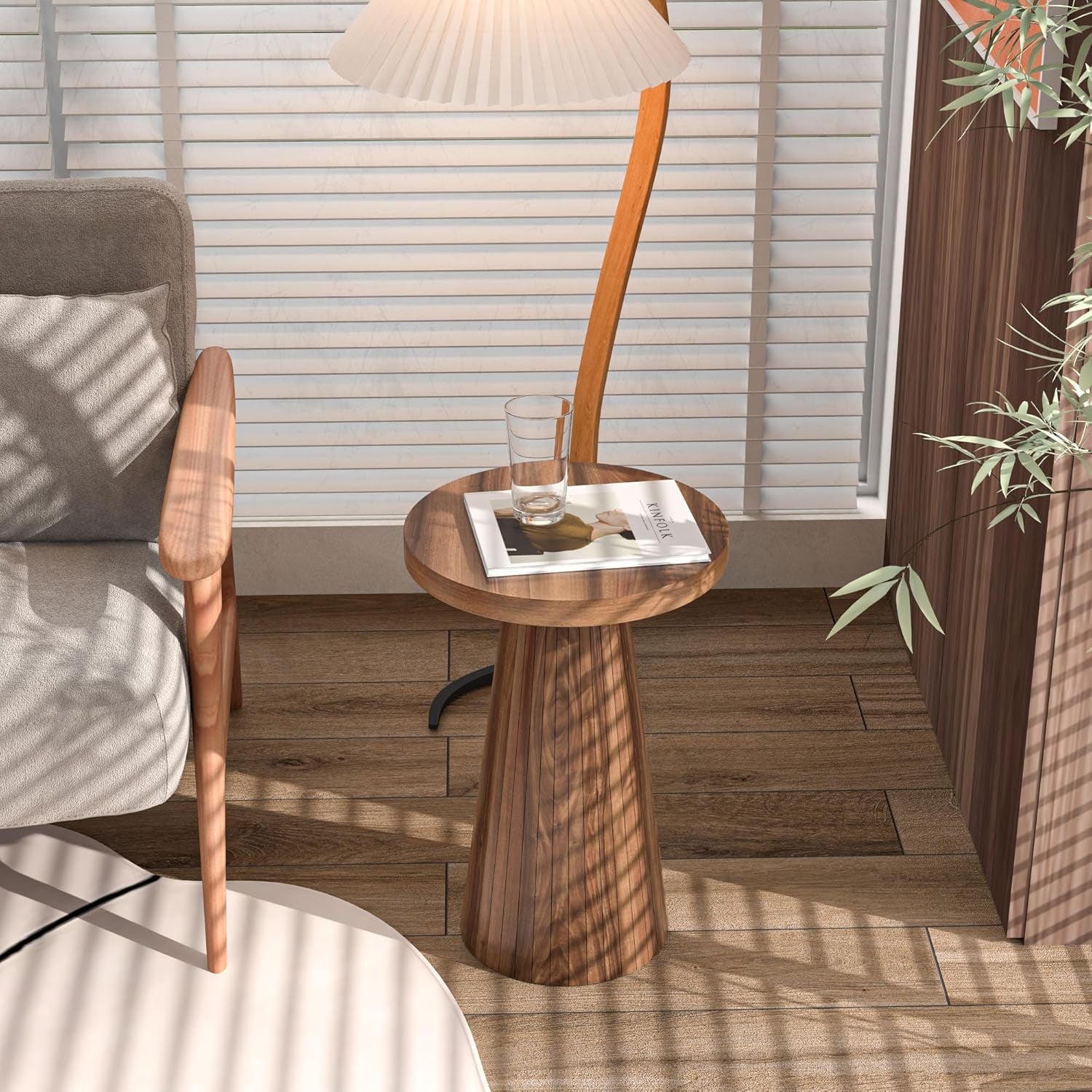 Small round Pedestal Side Table, Wooden End Table for Living Room, Fluted Drink Table for Small Space, Modern Plant Stand Accent Table for Sofa Couch, 13.6 Inch (Walnut)