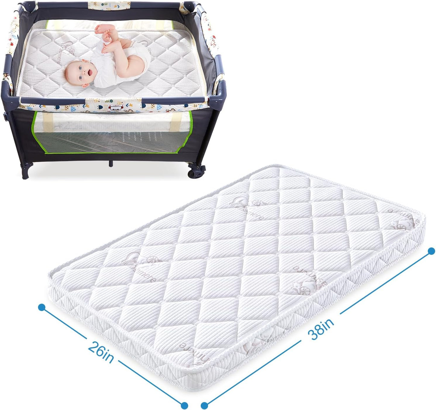 Pack and Play Mattress (38 “X26 ”X1.5),Skin Friendly Fabric, Soft, Breathable and Quiet, Provides Baby Friendly Support and Helps Healthy Spine Development,Pack and Play Topper.